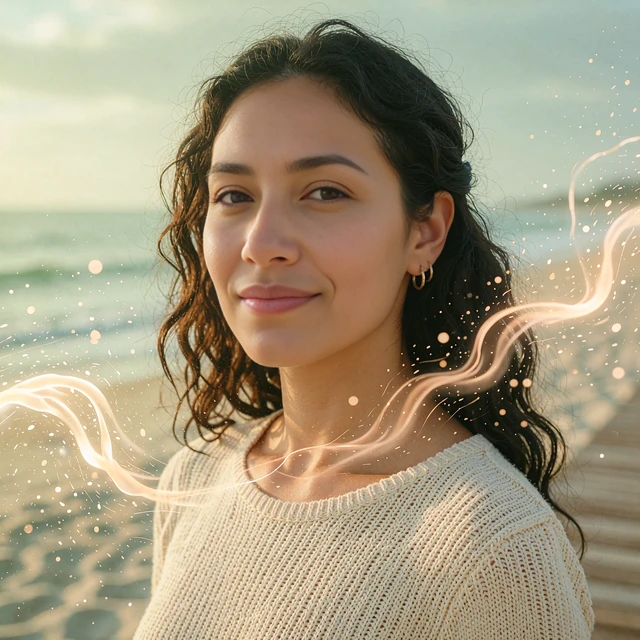 Woman with long wavy dark hair and gold hoops smiling on a seaside boardwalk in the morning