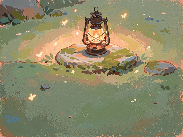 Illustrated small iron lantern glowing on a mossy stone among fireflies