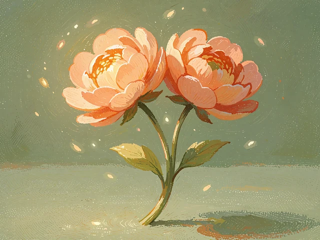 Illustrated pair of apricot flowers leaning toward each other on one shared stem