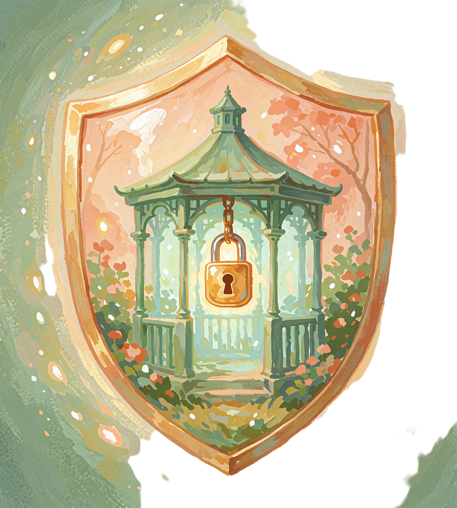 Illustrated shield holding a garden gazebo with a glowing golden padlock at its doorway