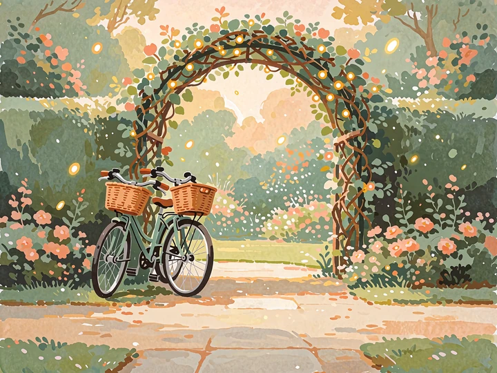 Illustrated vine archway strung with glowing lights and two bicycles leaning together