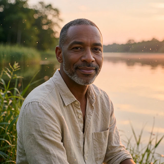 Man with a graying beard in a sand linen shirt smiling beside a lake at sunset