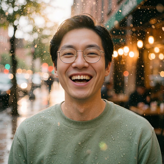 Laughing man with round glasses in a sage sweatshirt on a rainy city street at night