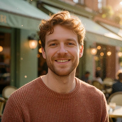 Smiling man with auburn hair and a short beard in a rust sweater at a café terrace