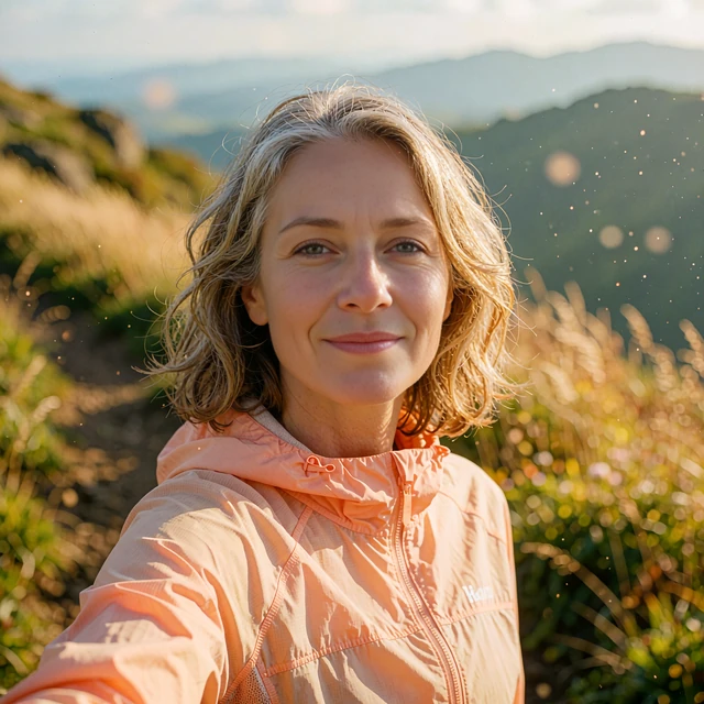 Woman with silver-streaked brown hair in a peach running jacket on a mountain trail