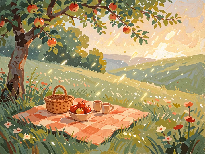 Illustrated picnic blanket with a basket, apples and two cups beneath an apple tree