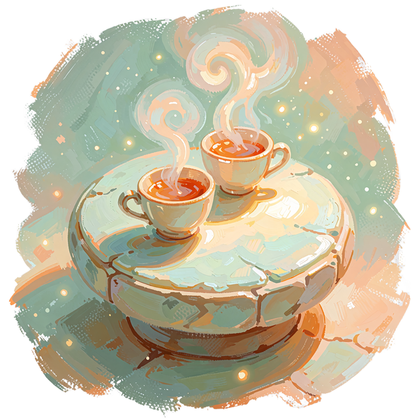 Illustrated pair of teacups with steam curling together on a pale stone pedestal