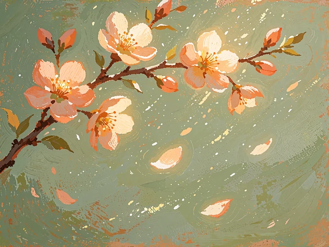 Illustrated flowering branch with apricot blossoms arching across a sage background