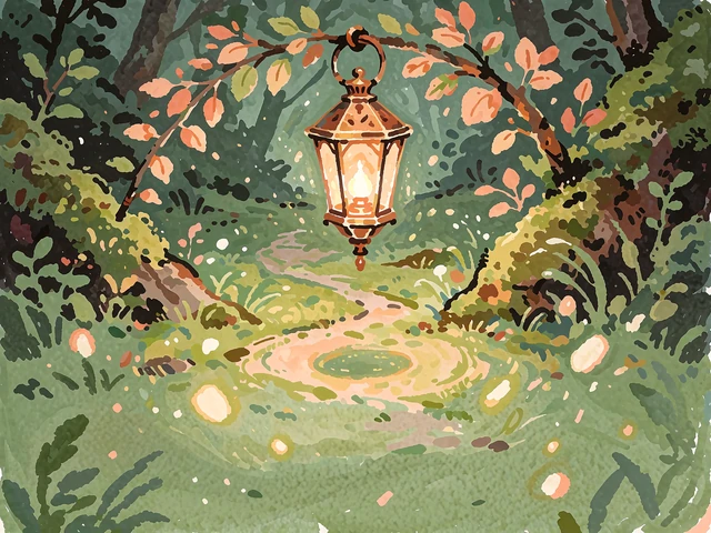 Illustrated brass lantern glowing on a leafy branch above a winding forest path
