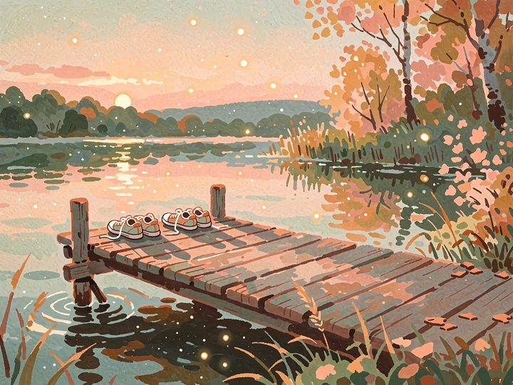 Illustrated lakeside dock at sunset with two pairs of sneakers resting side by side