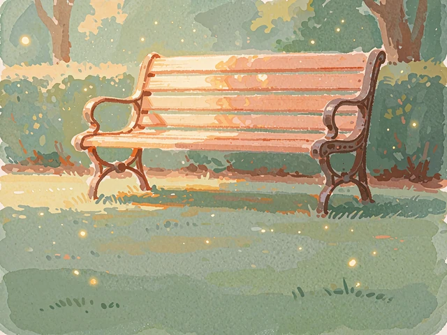 Illustrated empty wooden park bench in a softly lit garden clearing