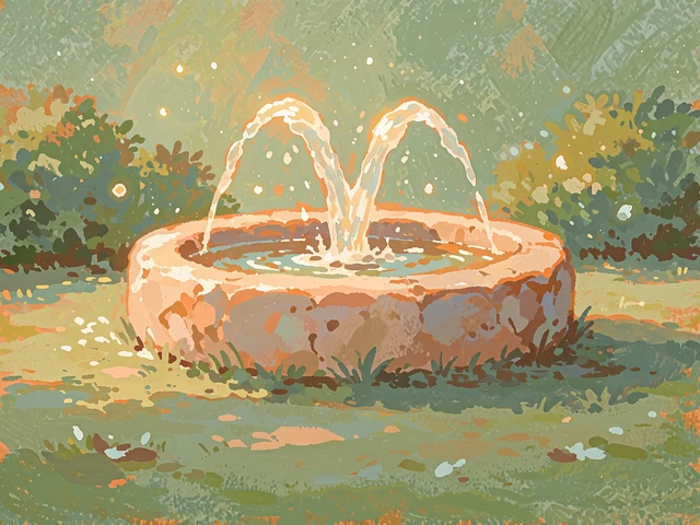 Illustrated stone fountain where two arcs of glowing water meet above the basin
