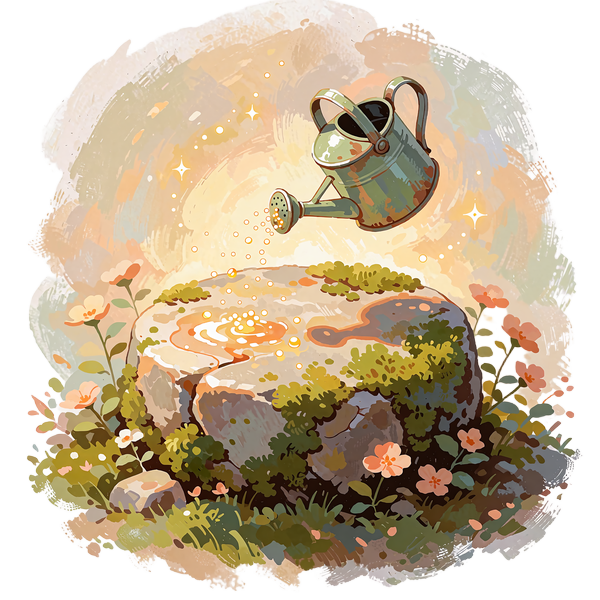 Illustrated watering can pouring glowing droplets onto a mossy stone pedestal