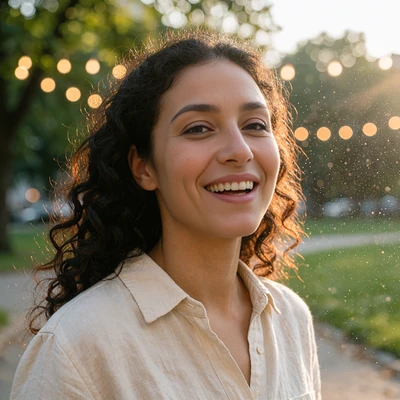 Laughing woman with long dark curly hair in a cream linen shirt on an evening park walk