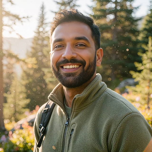 Grinning man with a dark beard in an olive fleece at a forest trailhead