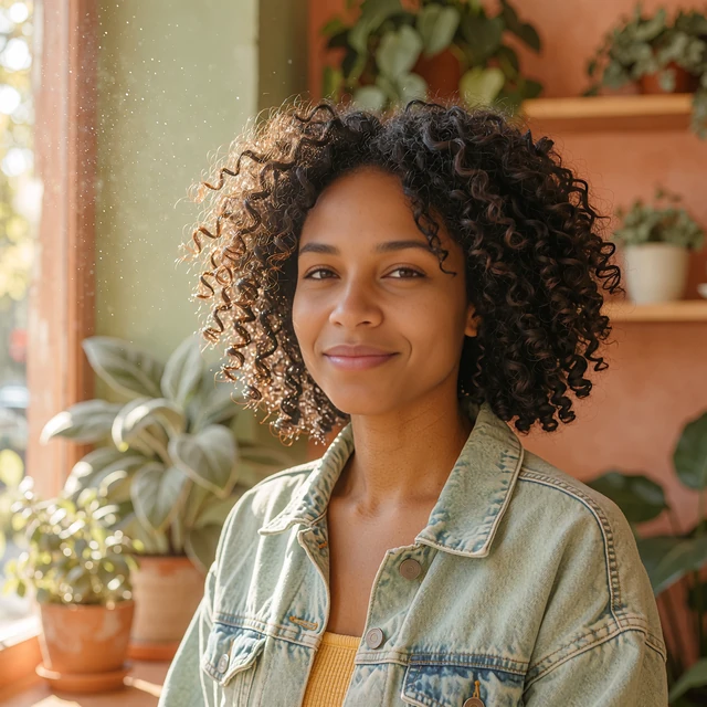 Smiling woman with natural curly hair in a denim jacket beside a coffee shop window