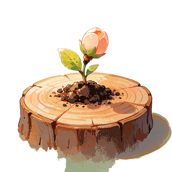 Illustrated seedling with a glowing bud growing from a tree-stump pedestal